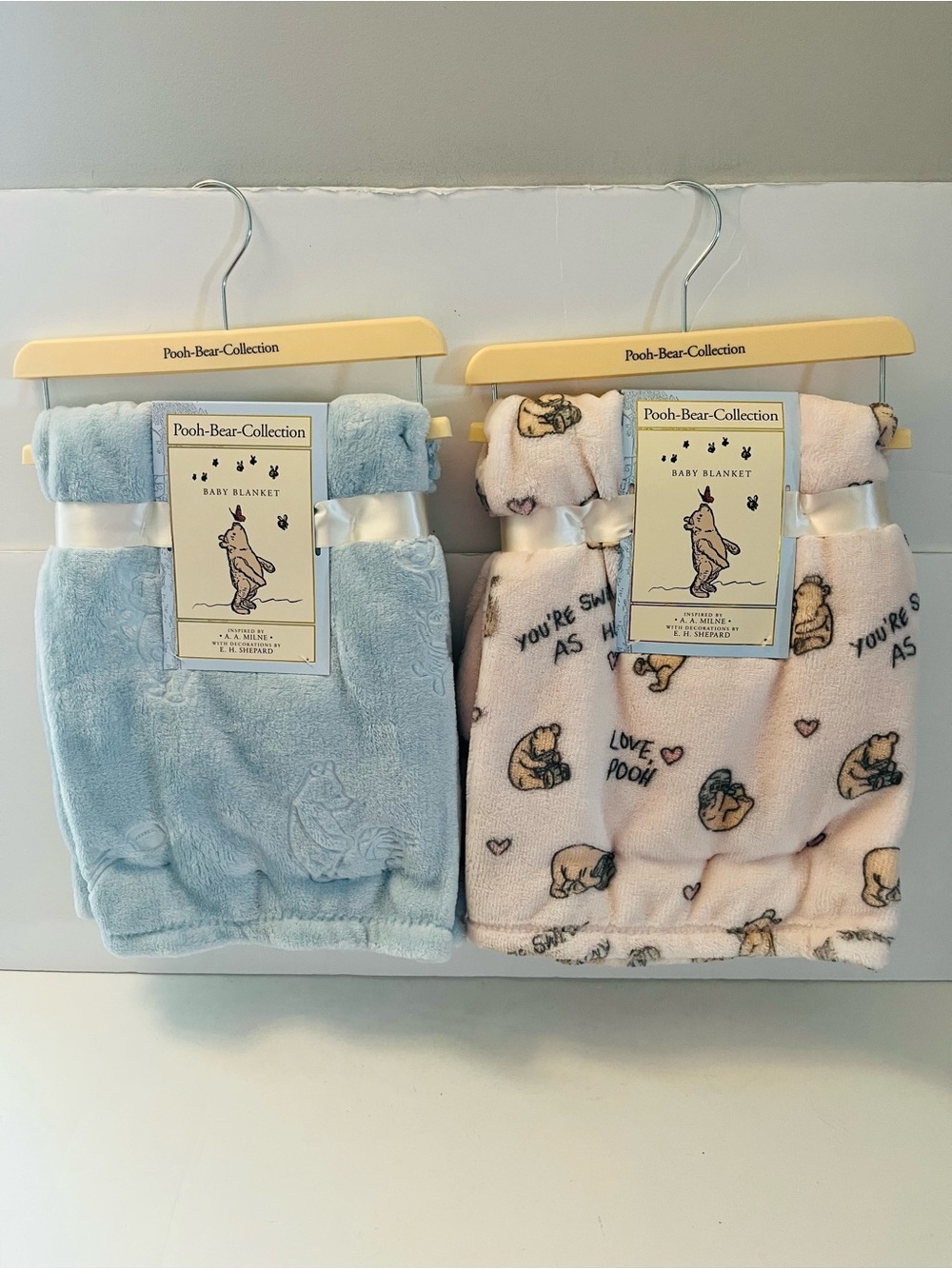 Winnie the Pooh Bear Collection Lot of 2 Pink & Blue Baby Blankets Sports Love